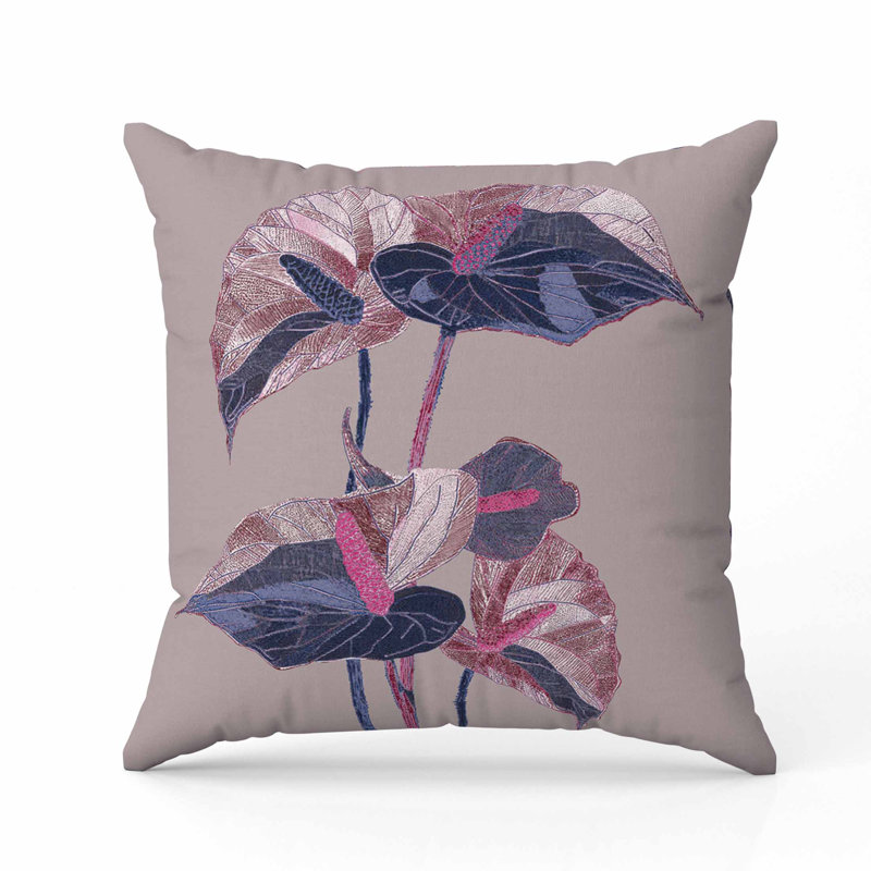 Oreiller en faux suède Anthurium Bloom, Carré 20 po, Rose / Mauve