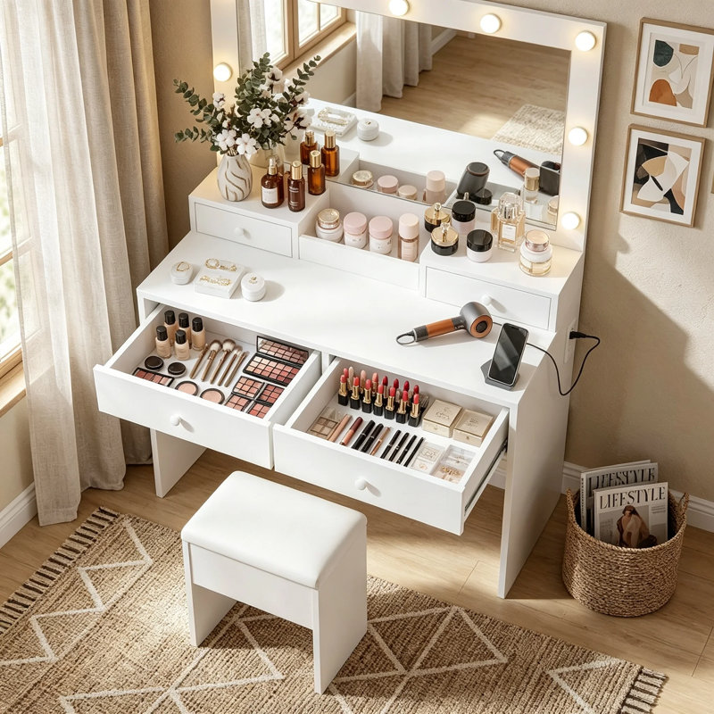 Makeup Vanity With Lighted Mirror Charging Station & Storage Stool