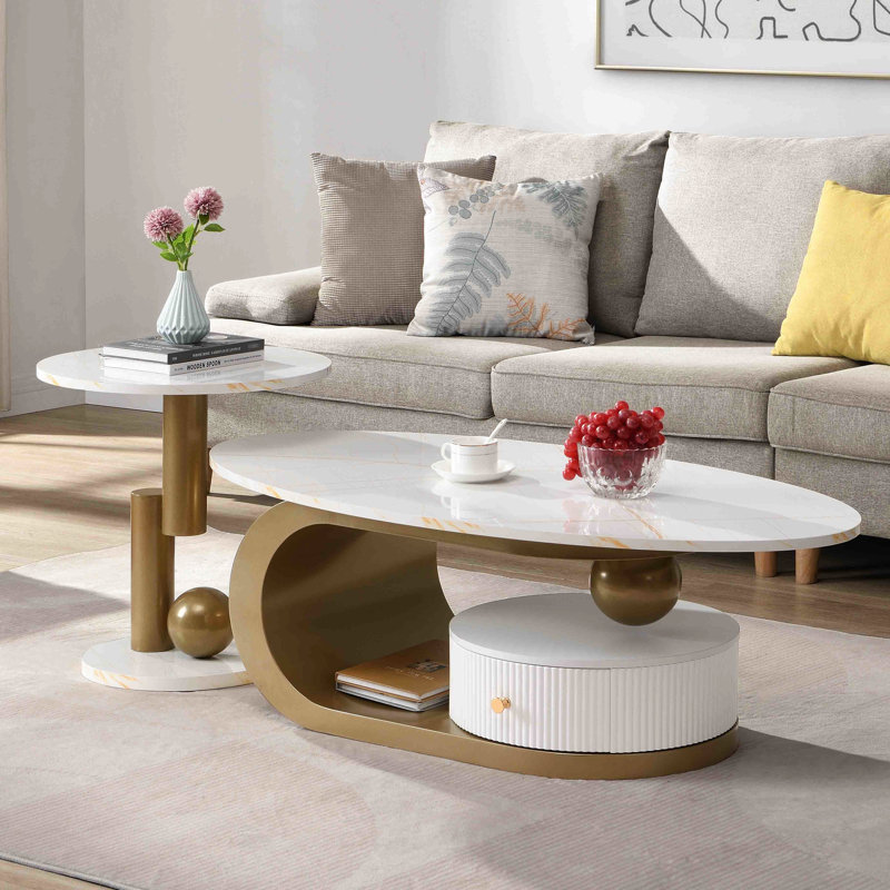 Table basse moderne moderne de 2 personnes - Tables ovales et rondes de salon avec support en métal, tiroir en faux marbre et plastique facile à assembler