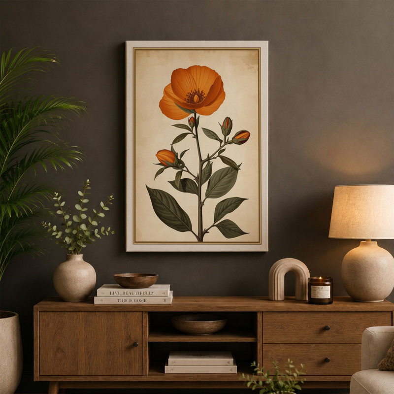 Single Stem in Bloom Botanical - Wrapped Canvas, 18x12 - 45.7 x 30.5 cm, Black Border
