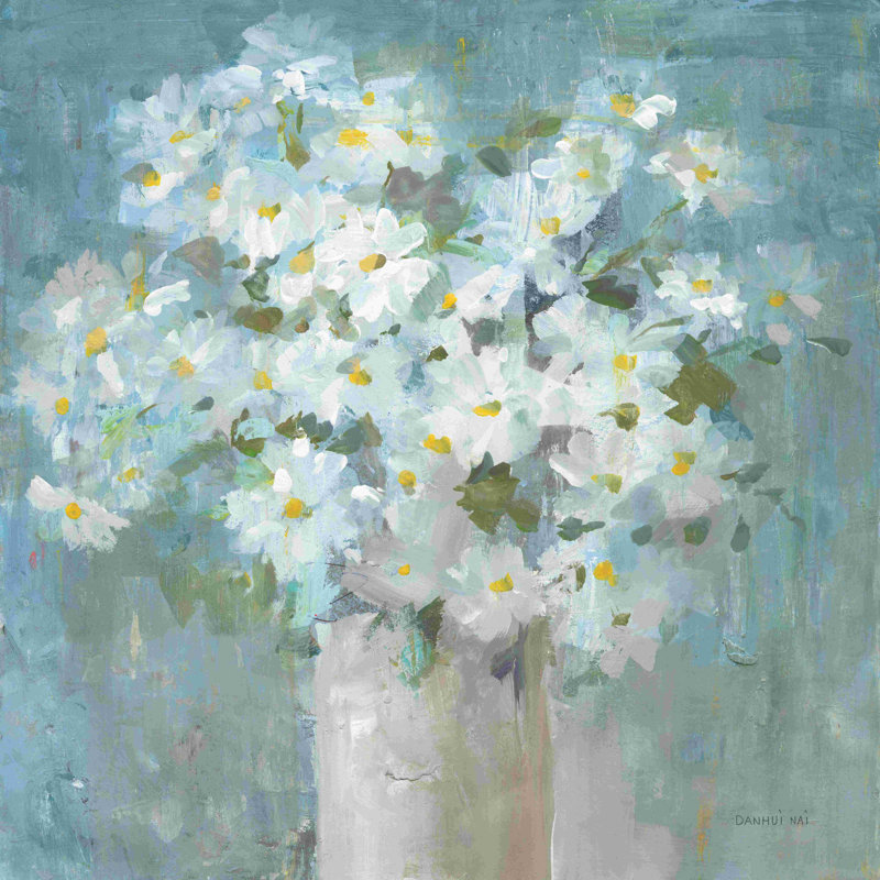 «Daisies All Day» par Danhui Nai - Peinture, H 36 po x l 36 po, Papier avec cadre photo simple noyer sans passe-pa