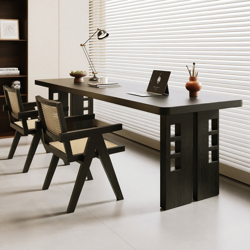 Bureau d'écriture rectangulaire en bois massif noir avec 2 tiroirs, H 29,53 po x l 62,99 po x P 23,62 po