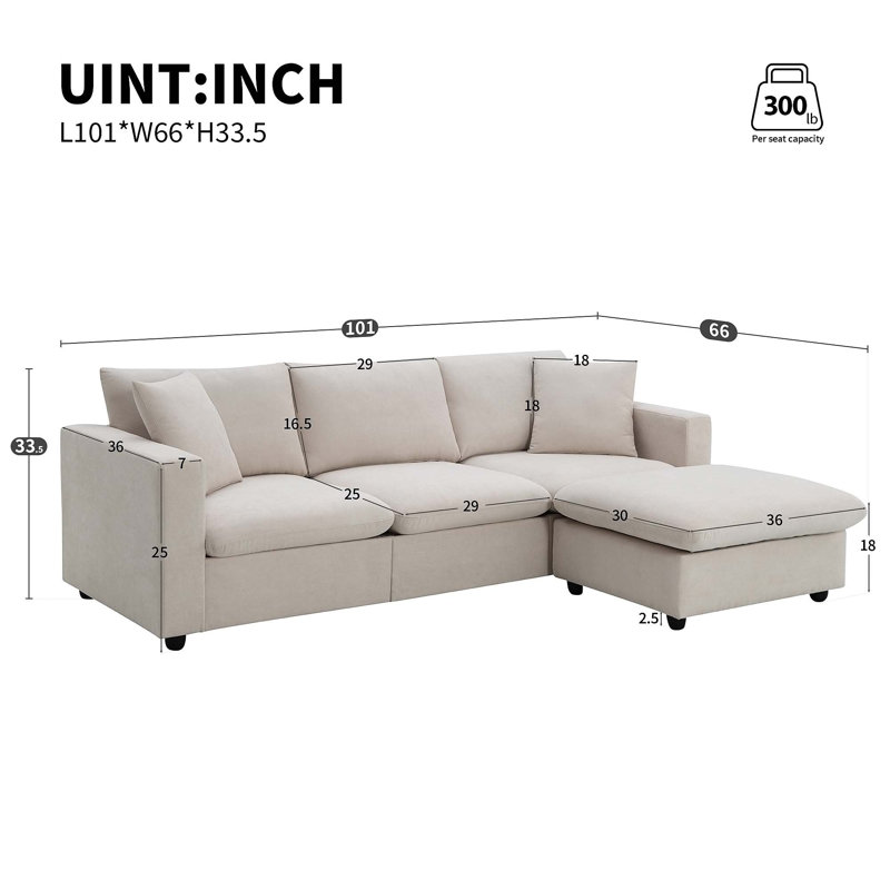 Comfortable Polyester Sectional Sofa with Movable Ottoman and Sturdy Frame, Beige