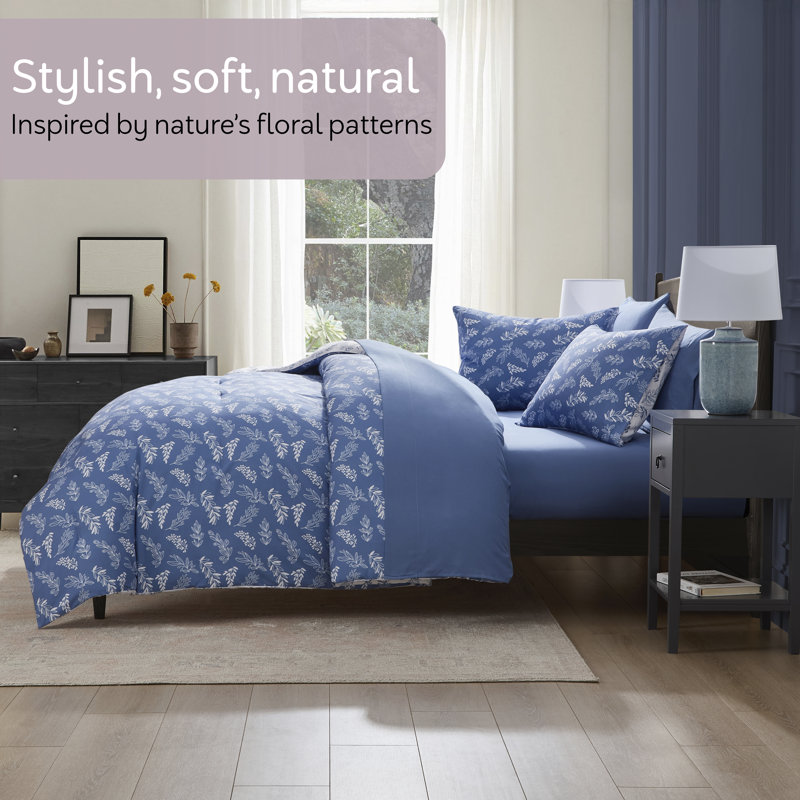 Nestl Botanical Bed in a Bag 7 piece Comforter Set with Sheets & Pillow Shams, Slate Blue/Cloud Stone