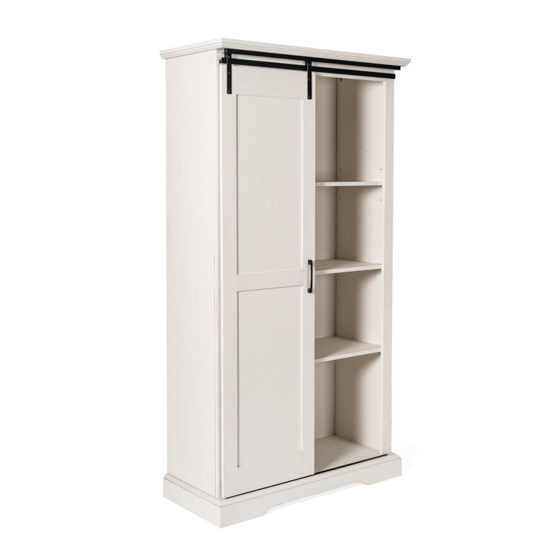 Bibliothèque rustique de style campagnard avec porte de grange coulissante et tablettes réglables, Blanc
