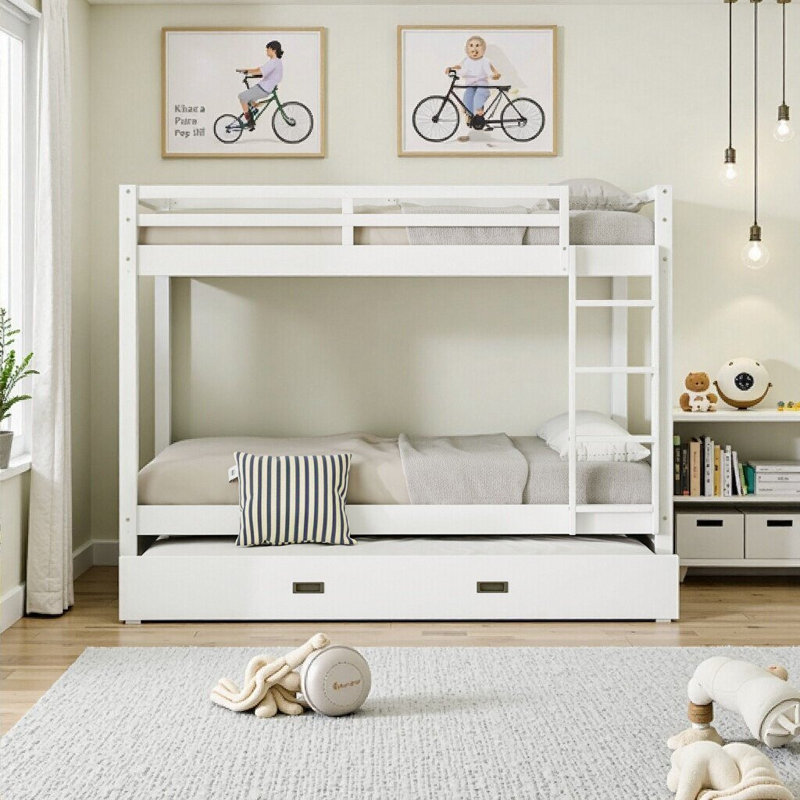 Lit superposé simple au-dessus d'une chambre double avec escalier de rangement et tableau noir Dreamy, Blanc
