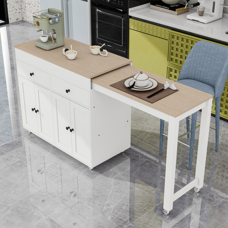 Kitchen Island with Extendable Dining Table, 4-Door Cabinet, 2 Drawers and Spice Rack, White