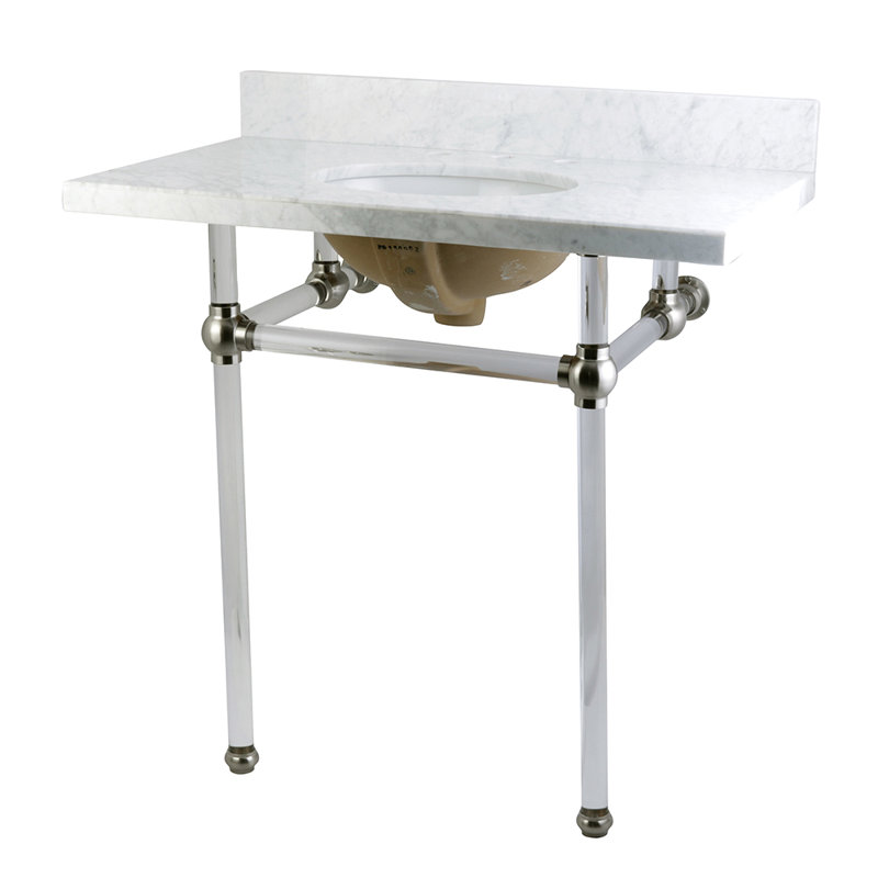 Kingston Brass Templeton 36-Inch Vanity Top with Clear Acrylic Legs (8-Inch, 3-Hole), Carrara Marble/Brushed Nickel
