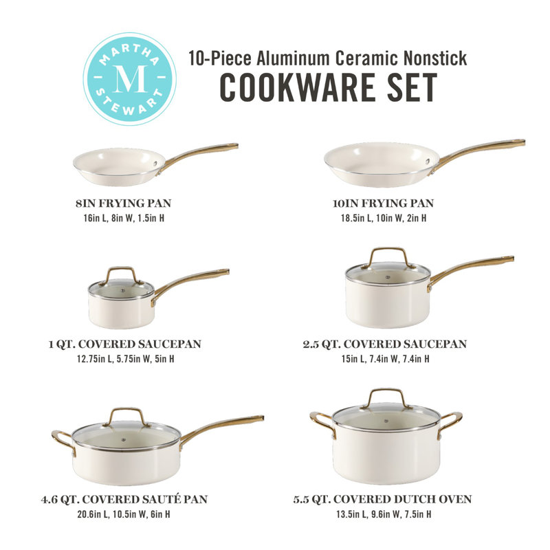 Martha Stewart Lockton 10 Piece Premium PFA Free Non-toxic Ceramic Nonstick Interior Enamel Aluminum, White/Gold