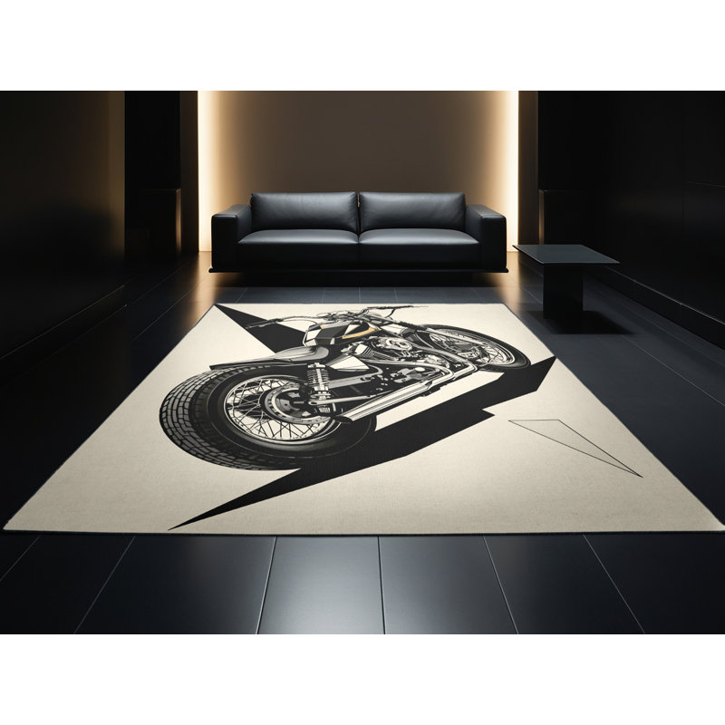 Machine Washable Kendari Vintage Cruiser Motorcycle Retro Geometric Rug in Beige – Black Binding, 2x5