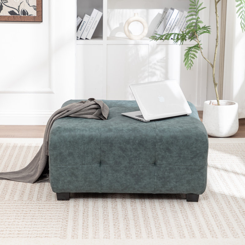 Ashyiah 32'' Wide Upholstered Tufted Ottoman, Vintage Blue Polyester