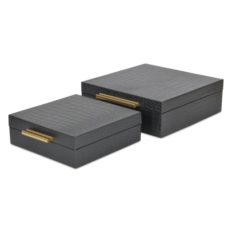Ensemble de 2 boîtes de rangement carrées gigognes Lusan, finition embossée moderne - faux croco noir