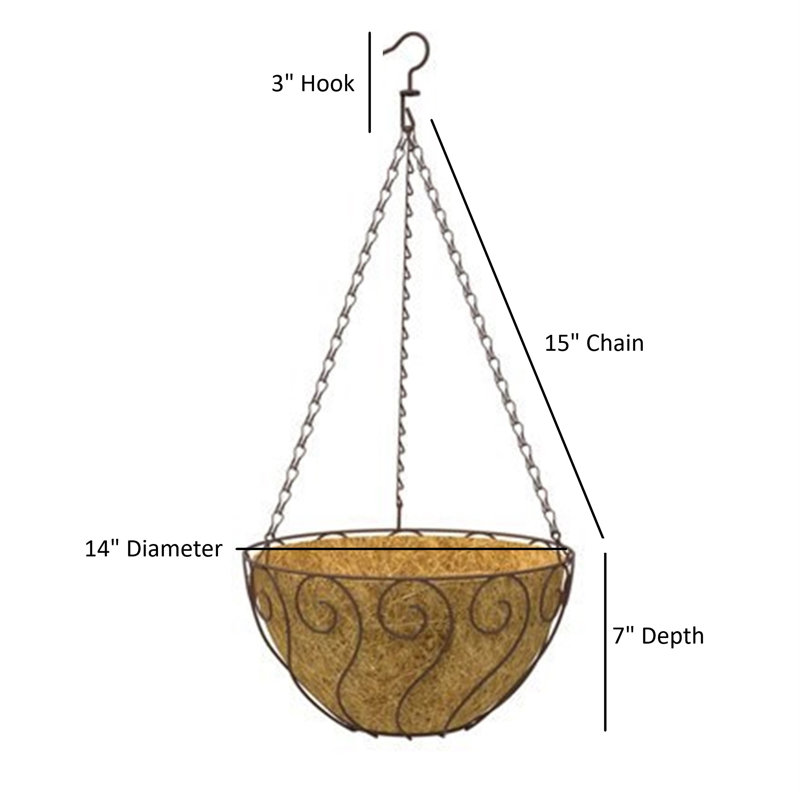Panacea Metal Hanging Basket with Coco Liner, Brown Aztec Scroll, 14in