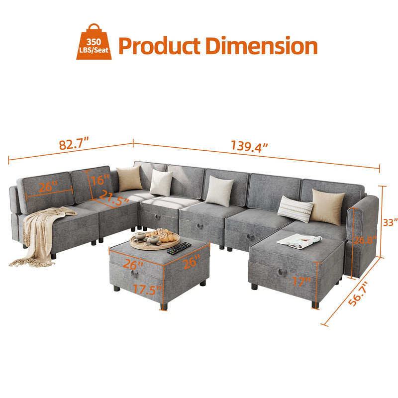 Canapé-lit modulaire en chenille en U 139,4 po, canapé modulaire 9 places avec méridienne et repose-pieds avec rangement, gris