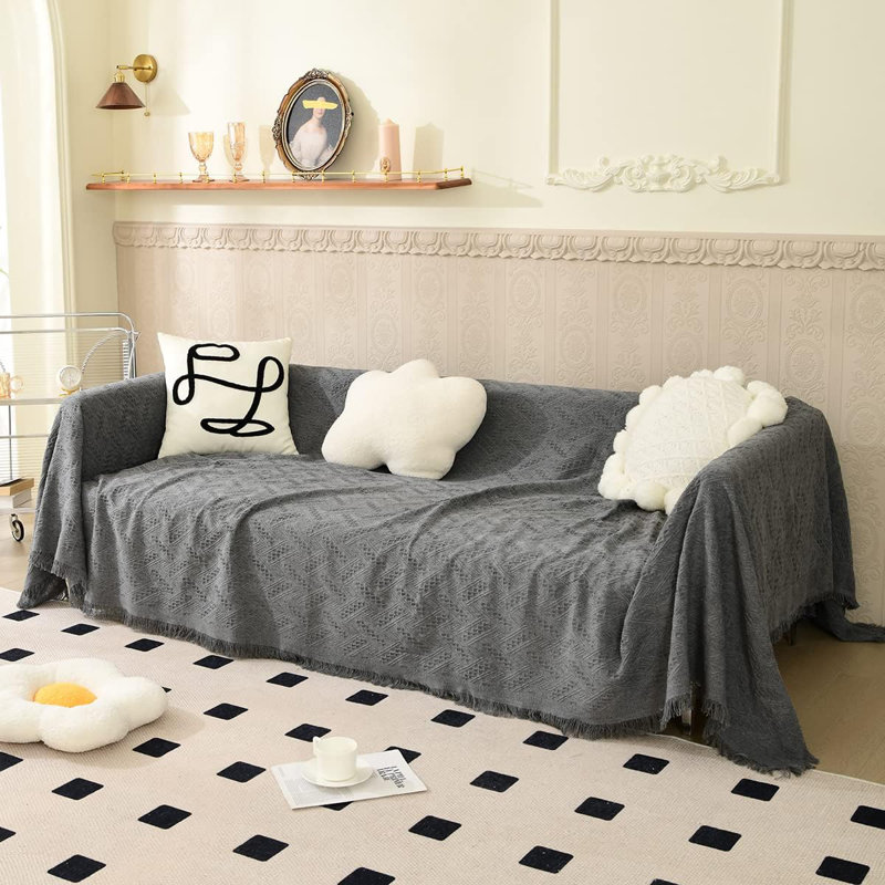 Housse réversible surdimensionnée pour canapé à 3 ou 4 coussins, H 150 po x l 71 po, Mélange de coton gris
