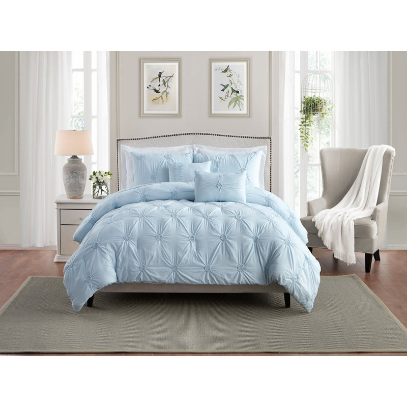 Floral Pintuck 3PC Comforter Set, Soft Microfiber, Pastel Colors, Lightweight Bedding Set, Baby Blue