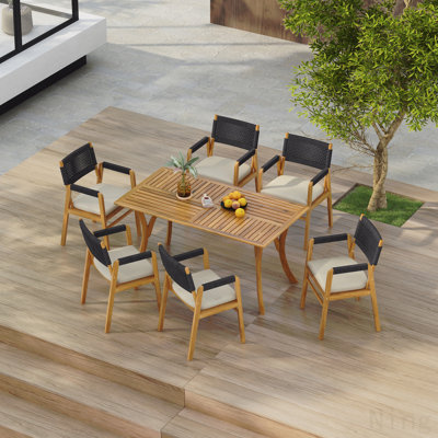 Ensemble repas d'extérieur d'extérieur en bois d'acacia avec coussins, corde noire et teck 7 pièces