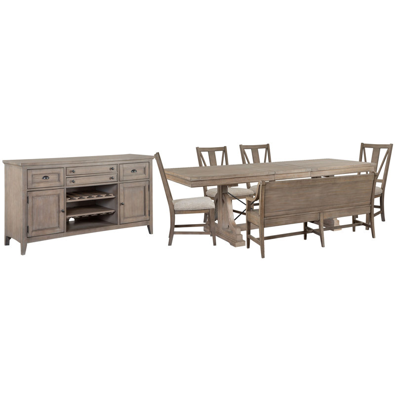 Extendable Trestle Dining Table With 4 Side Chairs Bench And Buffet, 7 Pieces: Table, Buffet, Bench, 4 Chairs