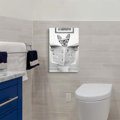 Drôle d'animal, art mural sur toile: salle de bain humoristique, décoration, joli chien sur une toilette, chiot moderne, lecture de journal, peinture pour toilettes, bureau à domicile