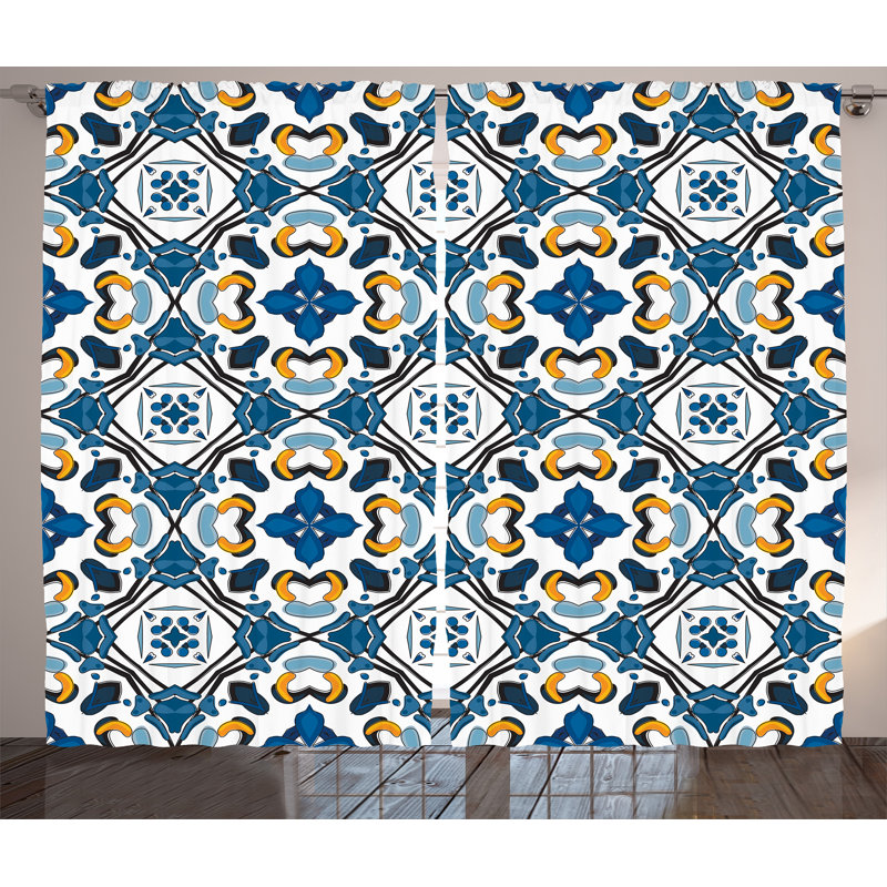 Blue and White Polyester Light-Filtering Rod Pocket Curtain Panels