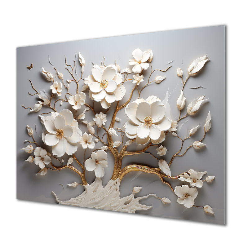 Orchidée blanche jardin de branches 10 - Art mural floral abstrait en métal, H 30 po x l 40 po x P 1,5 po