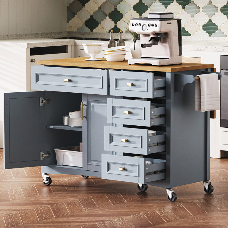 52'' Kitchen Island with Drop Leaf, Embossed Texture Kitchen Island on Wheels with Spice Rack, Towel Rack, 2 Doors and 5 Drawers, Kitchen Storage Cart with Adjustable Shelf for Kitchen
