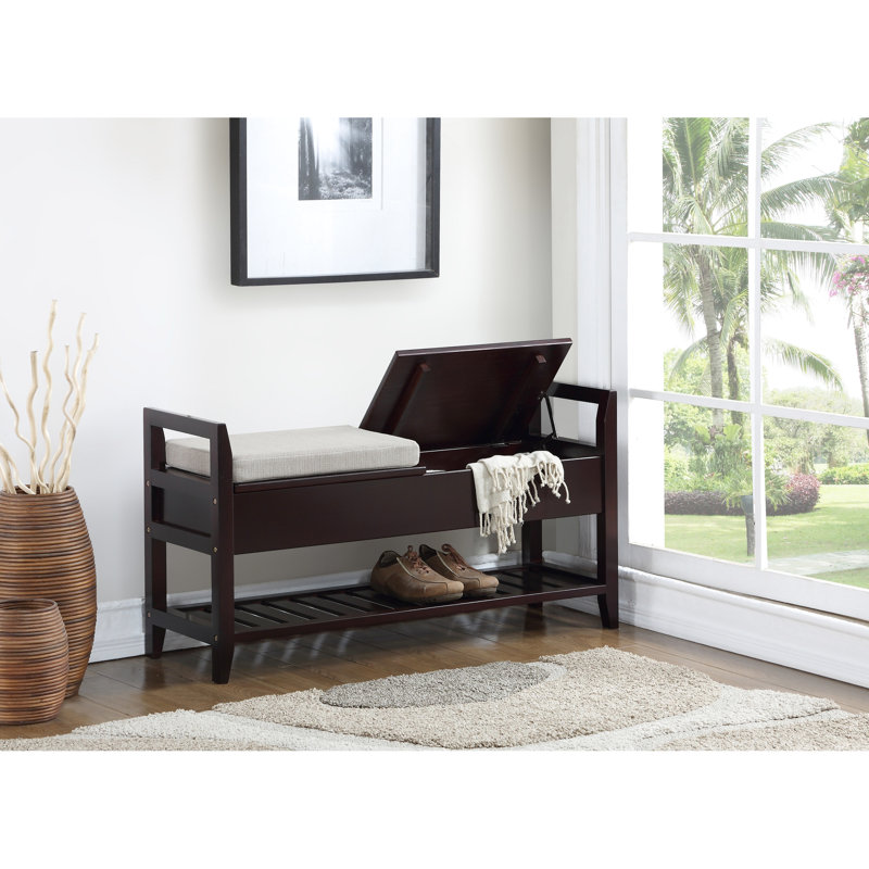 Shoe Bench With Beige Upholstered Seat And Storage In Cushioned