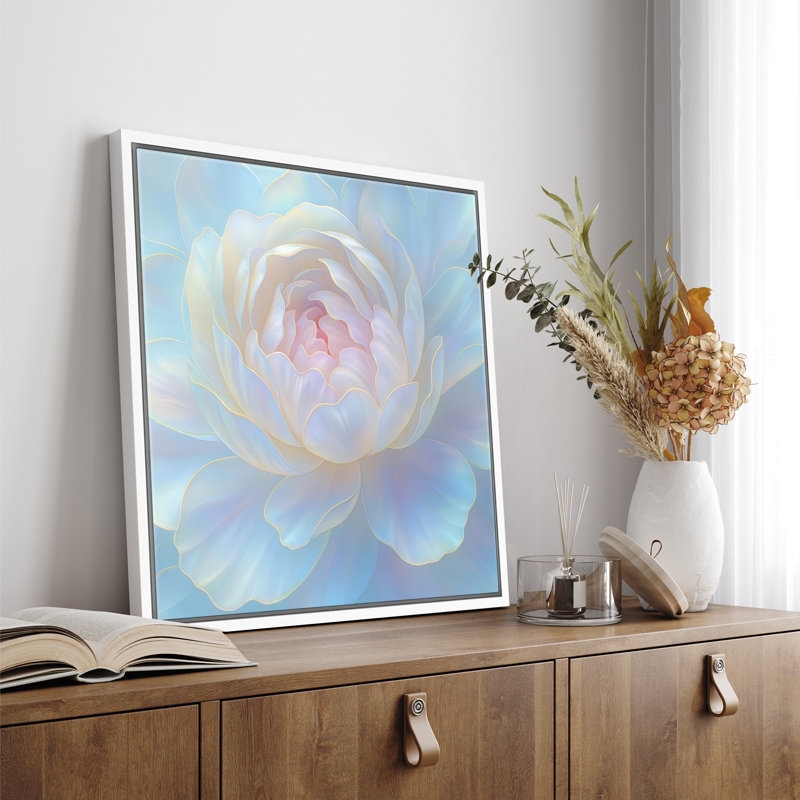 Pivoine bleue pastel, Cadre blanc, H 16 po x l 16 po x P 1,5 po