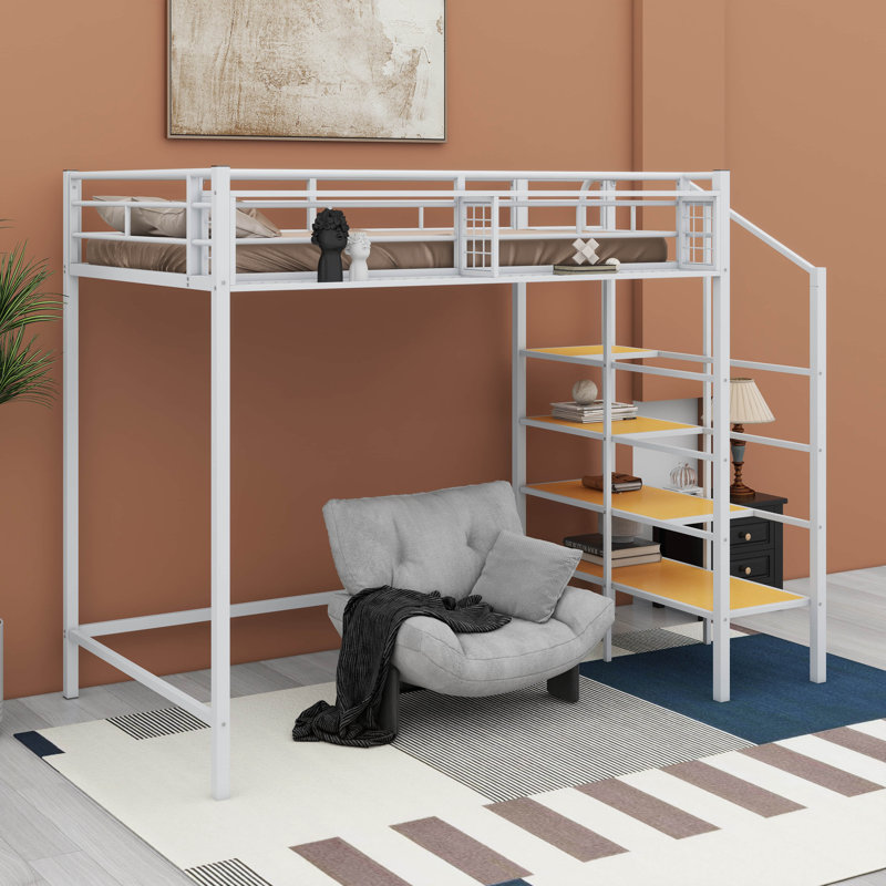 Lit mezzanine simple en métal avec échelle de rangement Designs, Blanc