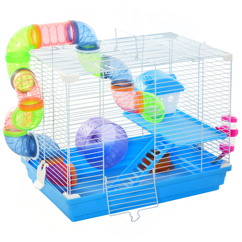 Cage à hamster 18 "à 2 niveaux avec roue et bouteille d'eau, bleu