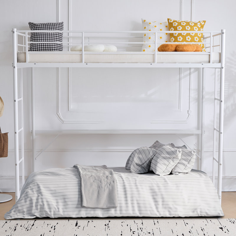 White Full Loft Bed With Stairs Metal Single Loft Bunk Bed With Safety Guard Rails And 2 Side Ladder, White