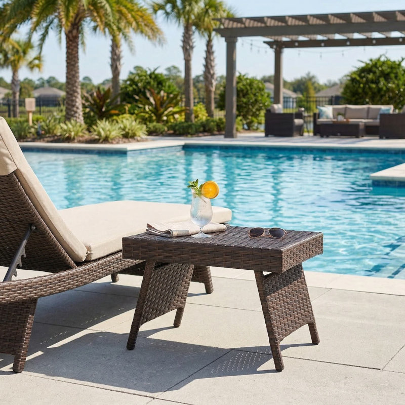Weather Resistant Fade Proof Sturdy Portable Folding Patio PE Rattan Side Coffee Table With Stable Anti Slip Support Base For Garden Backyard