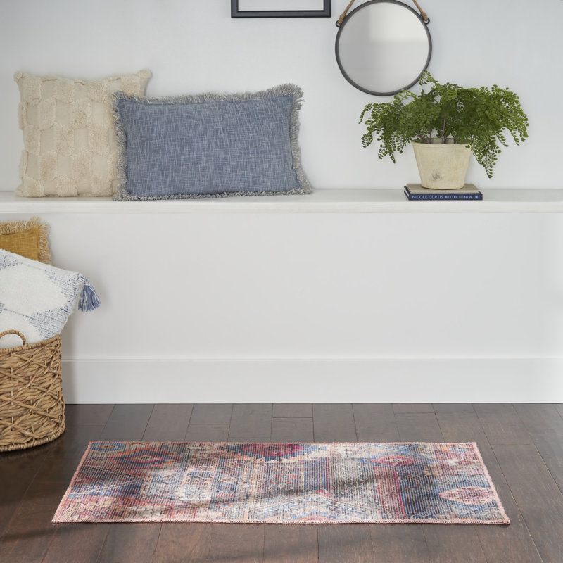 Machine Washable Southwestern Blue/Red Area Rug, Rectangle 3' x 5'