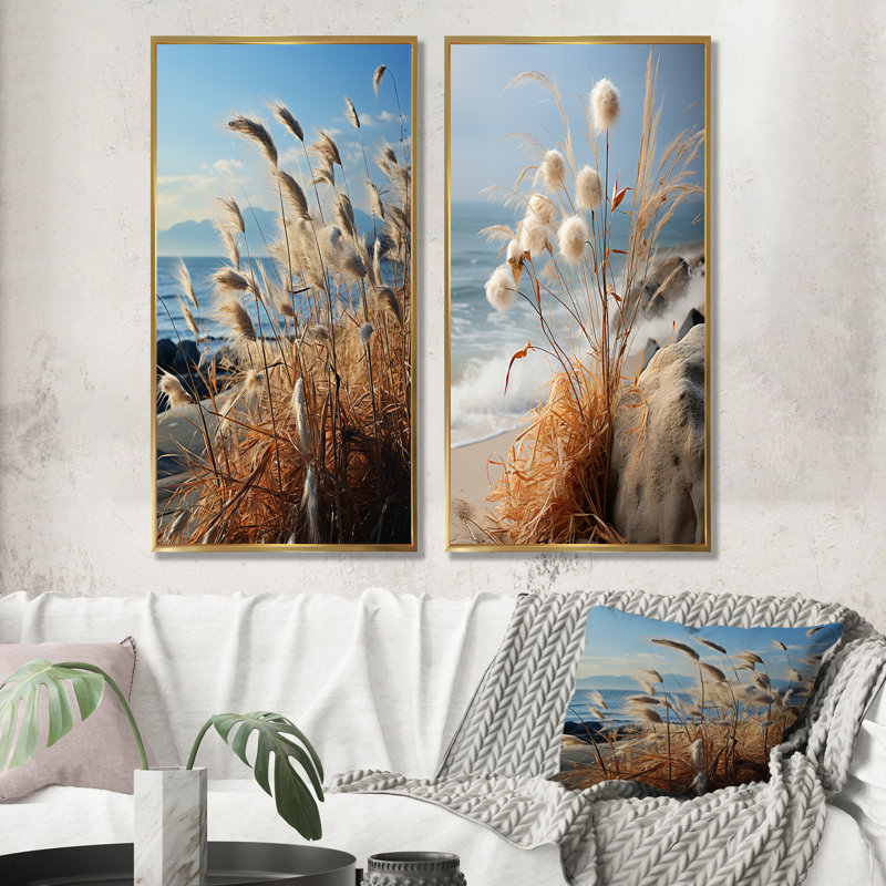 Beachgrass, photographie, horizon, fleurs sauvages, ensemble d'art mural sur toile, Encadrement doré, H 40 po x l 41 po