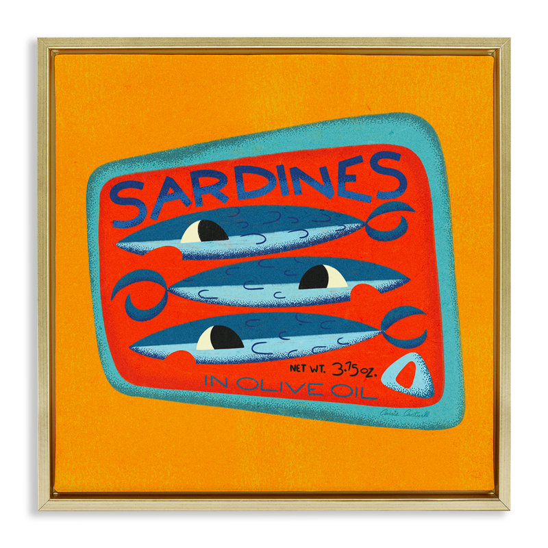 Toile de sardine aux couleurs vives encadrée par Floater par Carrie Cantwell, Cadre flottant métallique doré