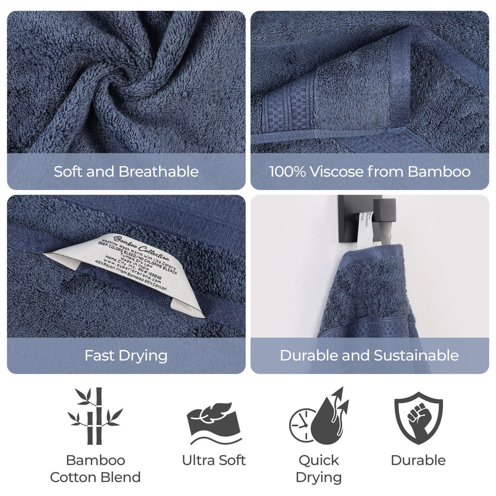 Nolhan 6-Piece Bamboo Cotton Towel Set, River Blue