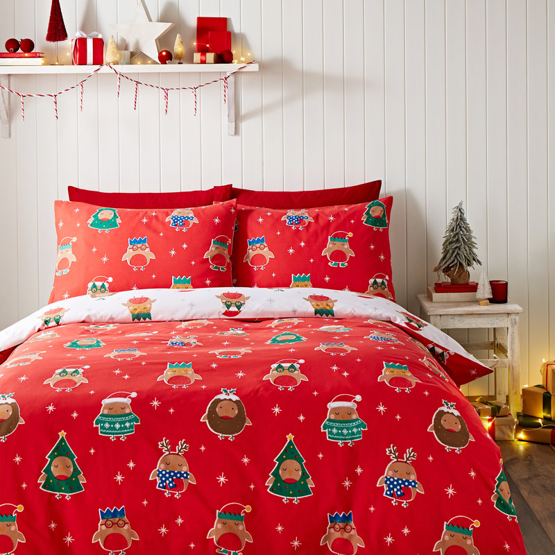 Christmas Party Robins Reversible Duvet Cover Set, Single Duvet Cover + 1 Standard Pillowcase
