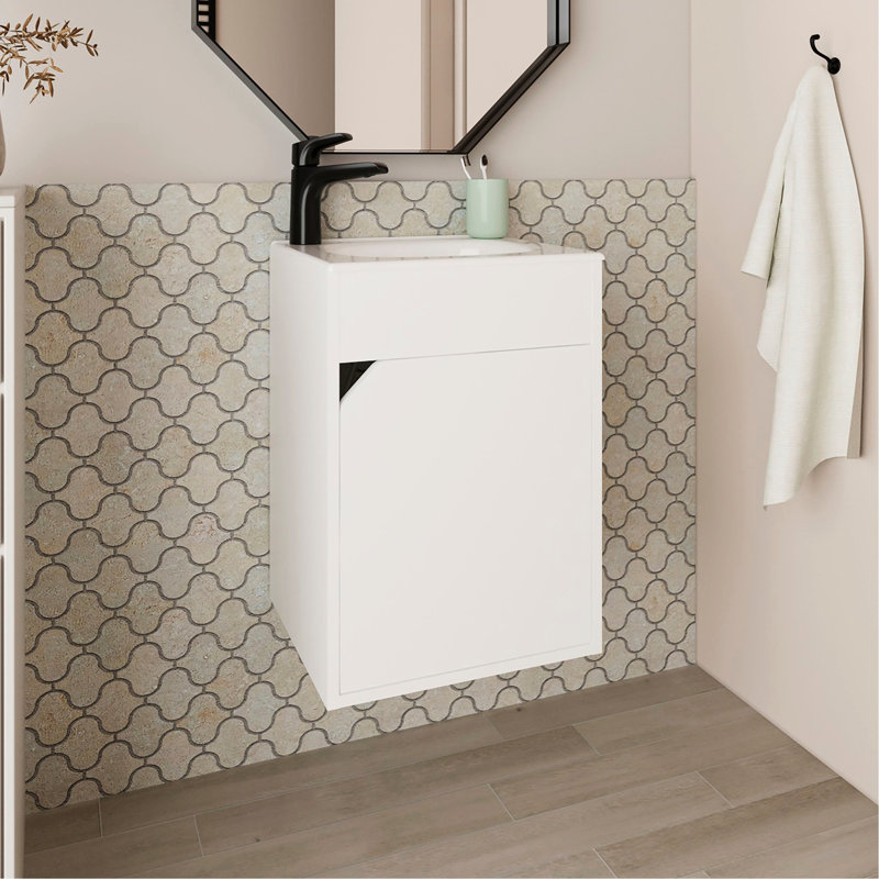 Meuble-lavabo flottant blanc à une porte, charnière européenne à fermeture en douceur, structure moderne rectangulaire et panneau de particules, mécanisme de 21,6 po x 15,6 po x 12,6 po, style épuré, composition, 11 pouces