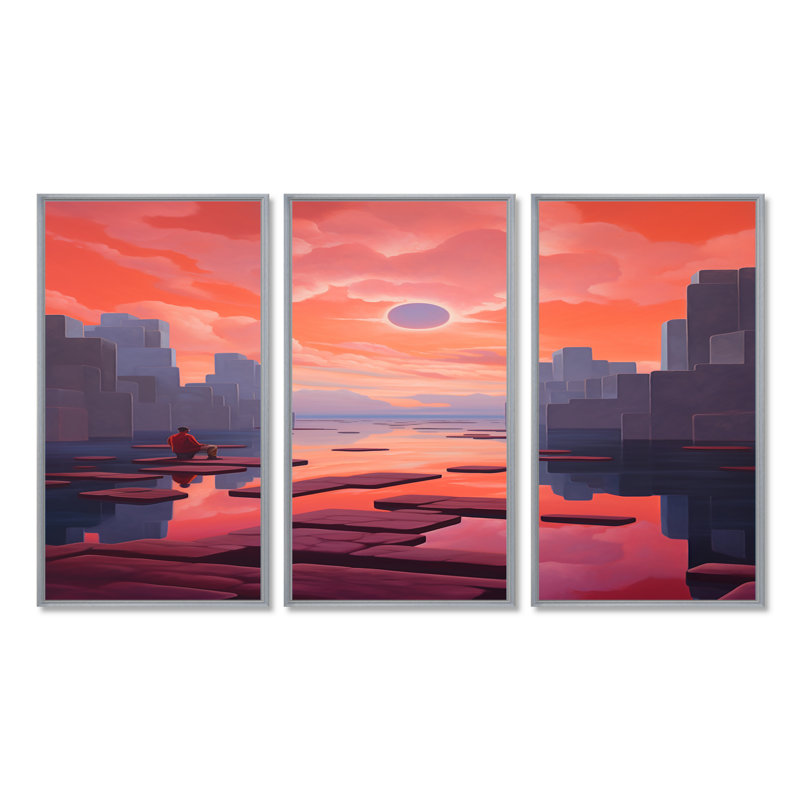 Nostalgie rouge - ensemble de salon mural art abstrait paysage, Encadrement argenté, H 40 po x l 60 po x P 1 po