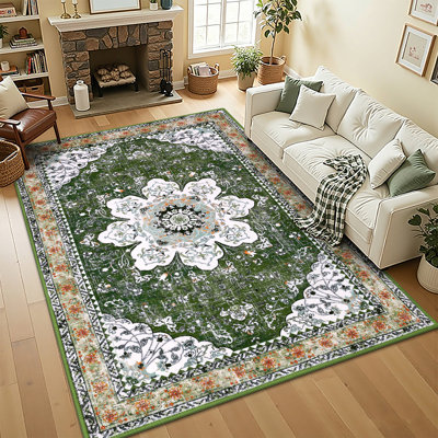 Machine Washable Non-Slip Green Oriental Area Rug