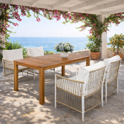 5 - Piece Outdoor Patio Wooden Dining Table Set, 1 Rectangular Table with 4 Rattan Chairs