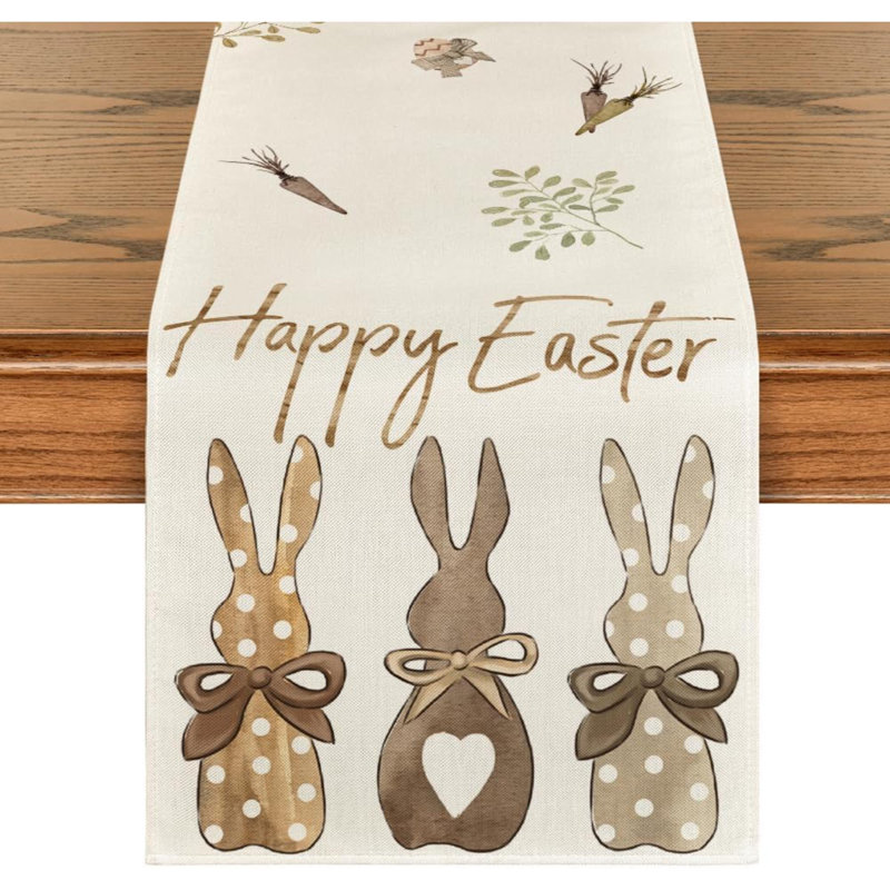 Carrots Rabbit Bunny Happy Easter Table Runner, Spring Summer Seasonal Holiday Kitchen Dining Table Decoration For Indoor Outdoor Home Party Decor