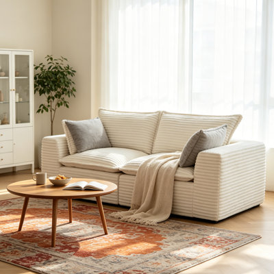 Cream Corduroy Oversized Cloud Boneless Loveseat - Modern Modular Sectional Sofa For Plush Lounging And Stylish Seating In Contemporary Living Rooms