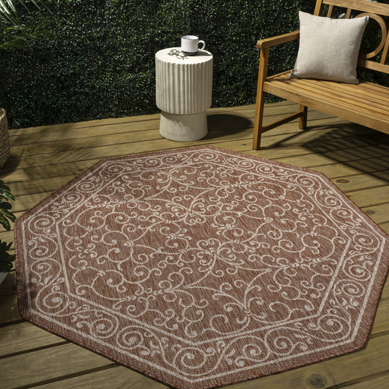 Hagerman Vintage Filigree Textured Weave Red/Beige Indoor/Outdoor Rug, Octagon 7'9"