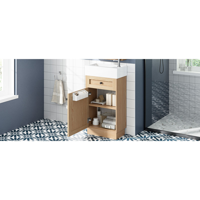 Meuble-lavabo de 18,5 po de style rustique avec lavabo en résine réversible, structure d'armoire, tablette de rangement réglable pour un plan d'utilisation efficace de l'espace, poignées en métal, finition grain de bois, système de porte à fermeture en douceur