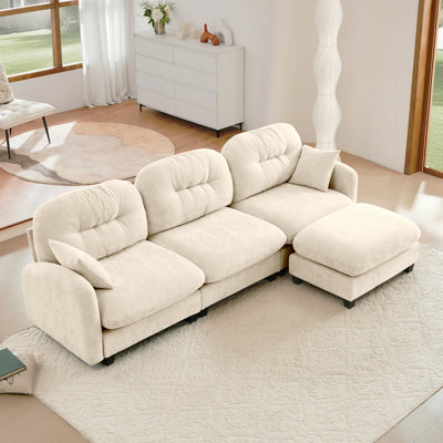 Canapé modulaire en L modulaire avec repose-pieds, tissu en chenille de qualité supérieure, conception de dossier à coussin touffeté, conception ergonomique facile à installer, convient aux chambres à coucher, aux coins lecture des salons, beige