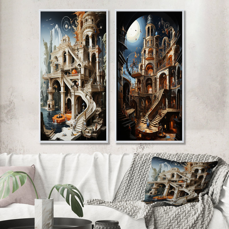 Schéma d'un château, ensemble d'art mural sur toile 2 châteaux, H 28 po x l 25 po, Cadre flottant blanc