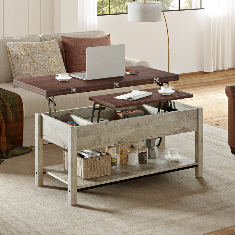 Table basse à plateau relevable multi-fonctions avec rangement Torron 4-en-1, Noyer / gris