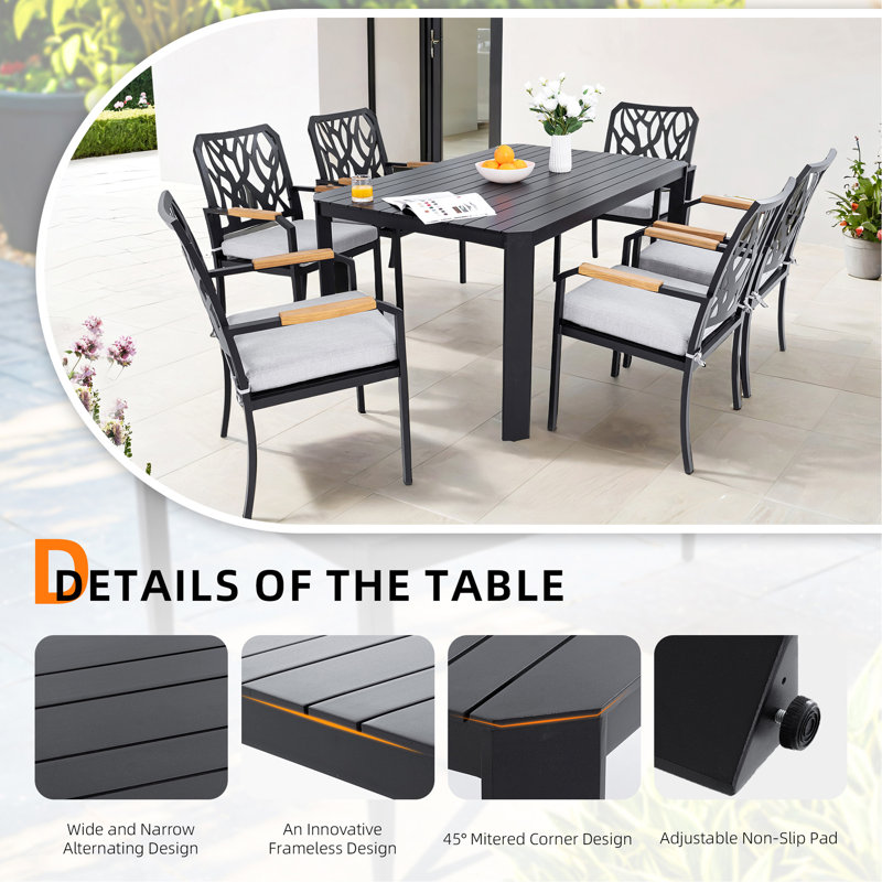 Modern Outdoor Aluminum Table With Alternating Wide And Narrow Slats, Angled Corners, Umbrella Hole, And Adjustable Non-Slip Pads