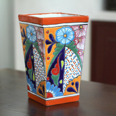 Vase de table en céramique rouge / vert / bleu 11,5 po